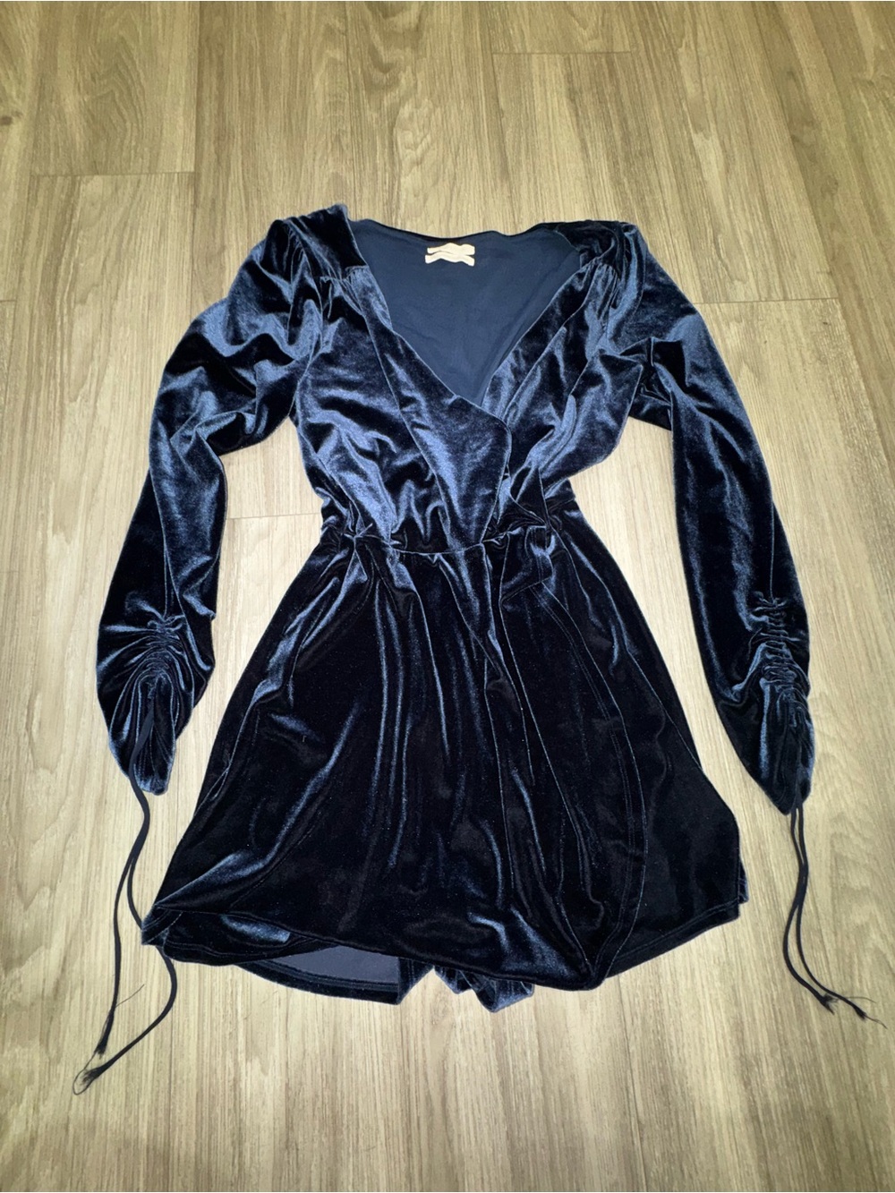 Urban Outfitters Blue Velvet Long-Sleeve Wrap Romper